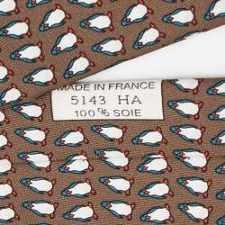 Pre Owned Hermes Brown Penguins Print Silk Traditional Tie