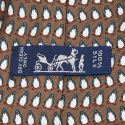 Pre Owned Hermes Brown Penguins Print Silk Traditional Tie