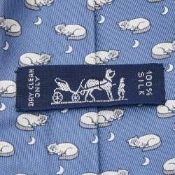 Hermes Blue Cat & Mice Print Silk Tie