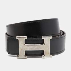 Hermes Black/Chocolat Box and Togo Leather Reversible H Buckle Belt 90CM