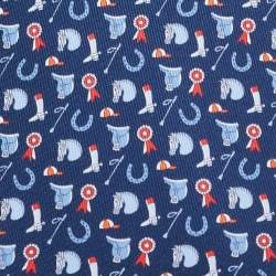Pre Owned Hermes Navy Blue Equestrian Print Silk Tie