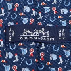 Pre Owned Hermes Navy Blue Equestrian Print Silk Tie