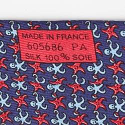 Pre Owned Hermes Navy Blue Octopus & Starfish Print Silk Tie