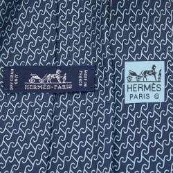 Pre Owned Hermes Dark Blue Twill Printed Silk Heraklion Tie