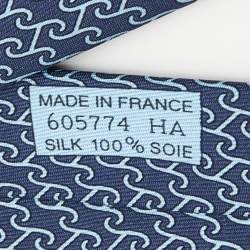 Pre Owned Hermes Dark Blue Twill Printed Silk Heraklion Tie