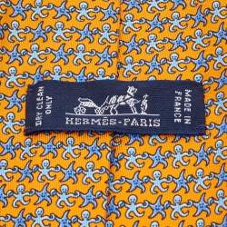 Pre Owned Hermes Orange Octopus & Starfish Print Silk Tie