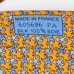 Pre Owned Hermes Orange Octopus & Starfish Print Silk Tie
