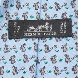 Pre Owned Hermes Blue Rabbit Print Silk Tie