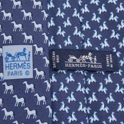 Pre Owned Hermes Blue Origami Horse Print Silk Tie