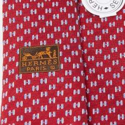 Pre Owned Hermès Red H Medeor Twillbi Silk Jacquard Narrow Tie