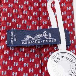 Pre Owned Hermès Red H Medeor Twillbi Silk Jacquard Narrow Tie