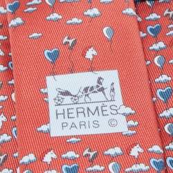 Hermès Red Up In The Clouds Printed Silk Skinny Tie
