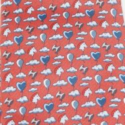 Hermès Red Up In The Clouds Printed Silk Skinny Tie