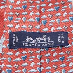 Hermès Red Up In The Clouds Printed Silk Skinny Tie