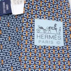 Pre Owned Hermes Navy Blue Glenan Printed Silk Skinny Tie