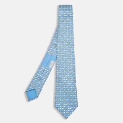 Hermes Blue Up In The Clouds Printed Silk Slim Tie