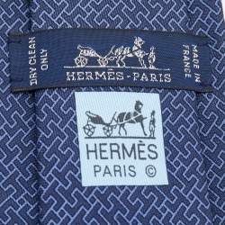 Pre Owned Hermès Navy Blue Labyrinth H Printed Silk Slim  Tie
