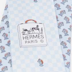 Hermès Blue Echec et Mat Twillbi Printed Silk Slim Tie