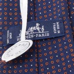 Pre Owned Hermes Navy Blue Cercles Et Pois Silk & Wool Jacquard Slim Tie