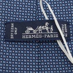 Pre Owned Hermès Navy Blue Mega Chariot Silk Jacquard Slim Tie