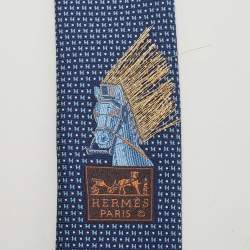 Pre Owned Hermès Navy Blue Mega Chariot Silk Jacquard Slim Tie