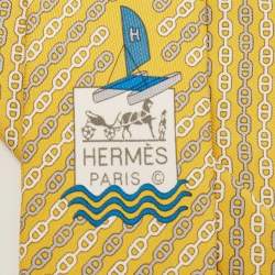 Hermès Yellow Levez l'Ancre Printed Silk Slim Tie