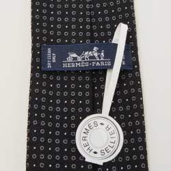 Pre Owned Hermès Black Cercles Et Pois Silk & Wool Jacquard Slim Tie