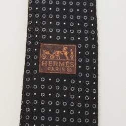 Pre Owned Hermès Black Cercles Et Pois Silk & Wool Jacquard Slim Tie