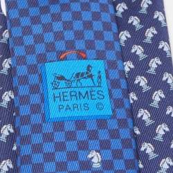 Pre Owned Hermès Navy Blue Echec Et Mat Printed Silk Slim Tie