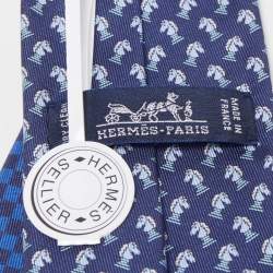 Pre Owned Hermès Navy Blue Echec Et Mat Printed Silk Slim Tie