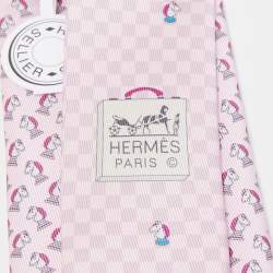 Pre Owned Hermès Pink Echec Et Mat Printed Silk Slim Tie