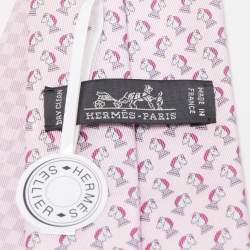 Pre Owned Hermès Pink Echec Et Mat Printed Silk Slim Tie
