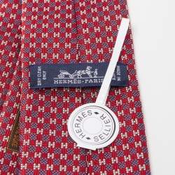 Pre Owned Hermès Red 7 H Cheval a la Couverture Silk Jacquard Slim Tie