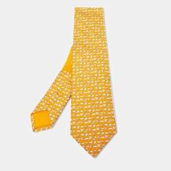 Hermès Yellow Up In The Clouds Printed Silk Slim Tie