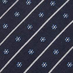 Pre Owned Hermès Navy Blue Fleurs En Club Silk & Wool Jacquard Slim Tie