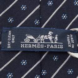 Pre Owned Hermès Navy Blue Fleurs En Club Silk & Wool Jacquard Slim Tie