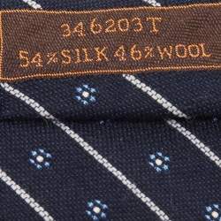 Pre Owned Hermès Navy Blue Fleurs En Club Silk & Wool Jacquard Slim Tie