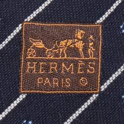 Pre Owned Hermès Navy Blue Fleurs En Club Silk & Wool Jacquard Slim Tie