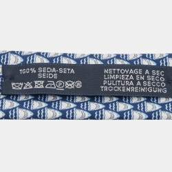 Pre Owned Hermes Blue Les Dents d'Hermes Printed Silk Slim Tie