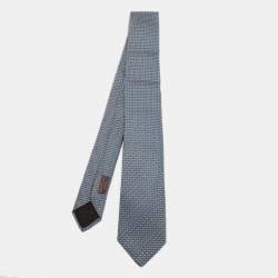 Pre Owned Hermes Blue Heart Patterned Silk Skinny Tie