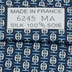Pre Owned Hermes Navy Blue Printed Silk Skinny Tie