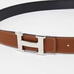 Pre Owned Hermes Gold/Black Chamonix and Togo Leather H Buckle Reversible Belt 90CM