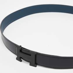 Hermes Black/Bleu de Prusse Chamonix and Togo Leather H Buckle Belt 110CM