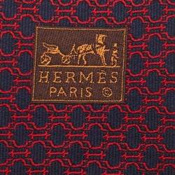 Pre Owned Hermes Navy Blue/Red Horsebit Patterned Silk Traditional Tie