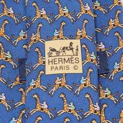 Pre Owned Hermes Navy Blue Sophie Giraffe Print Silk Tie