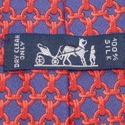 Hermes Navy Blue/Red Chain Link Print Silk Traditional Tie