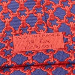 Hermes Navy Blue/Red Chain Link Print Silk Traditional Tie