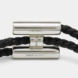 Pre Owned Hermes Turnis Braid Leather Black Silver Tone Bracelet
