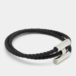 Pre Owned Hermes Turnis Braid Leather Black Silver Tone Bracelet