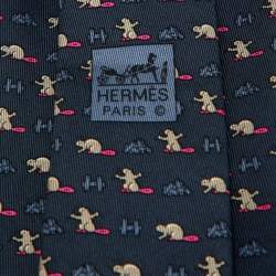 Pre Owned Hermès Blue Beaver Castor Construction Print Silk Tie